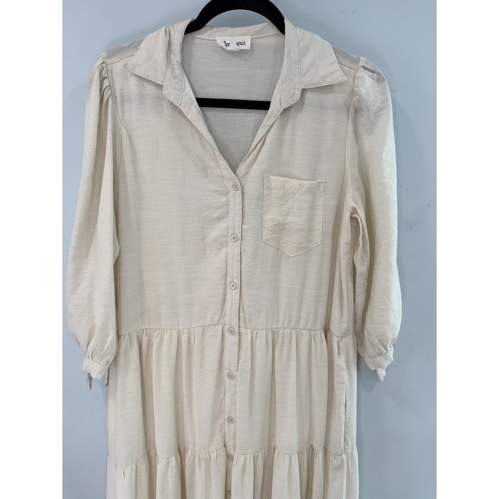 & Merci Ivory Tiered Shirt Dress Medium Boho Button Front Maxi Lined Pockets - Picture 3 of 9